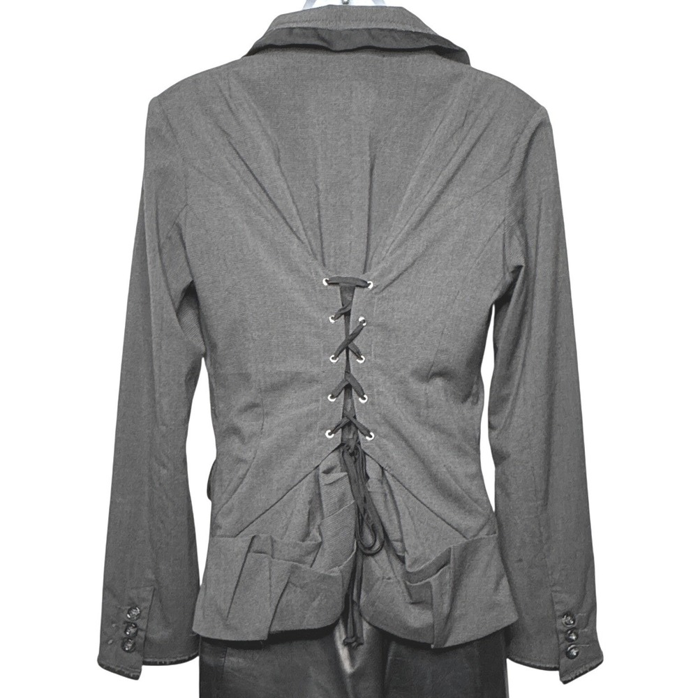 Vtg Y2K Hazel Blazer‎ Womens Grey M Lace Up Corset Back Whimsigoth Office Siren